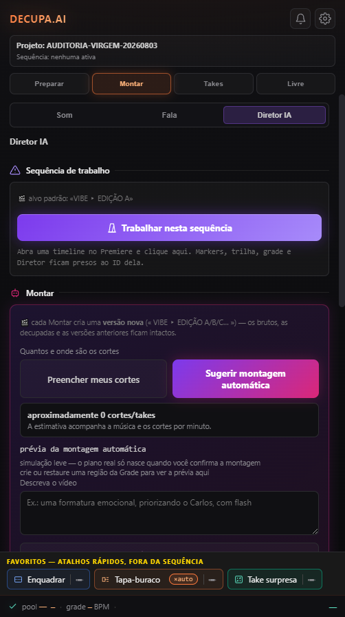Tela real do Diretor IA do DECUPA.VIDEO com controles de montagem