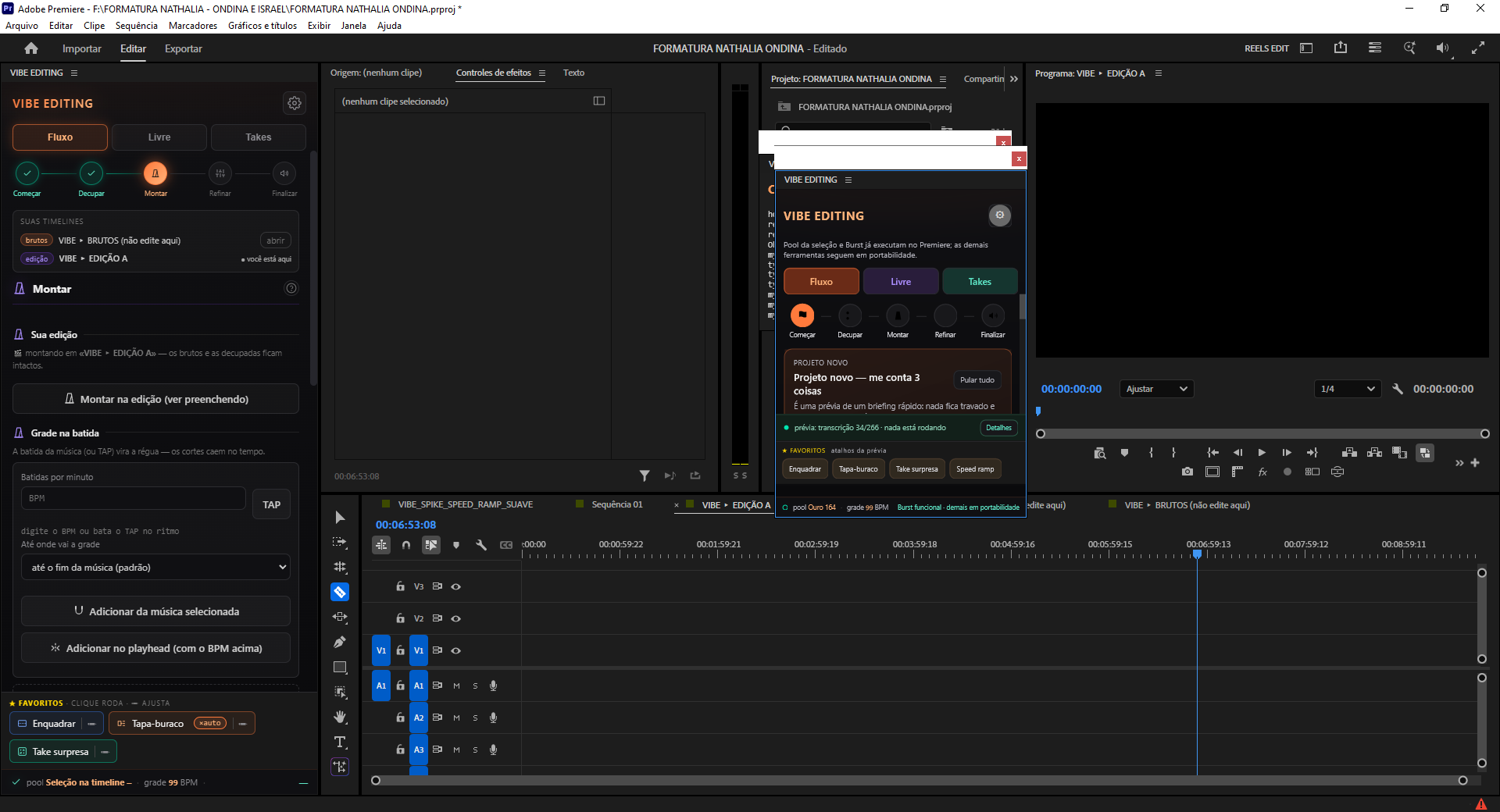 DECUPA.VIDEO aberto dentro do Adobe Premiere Pro, ao lado da timeline