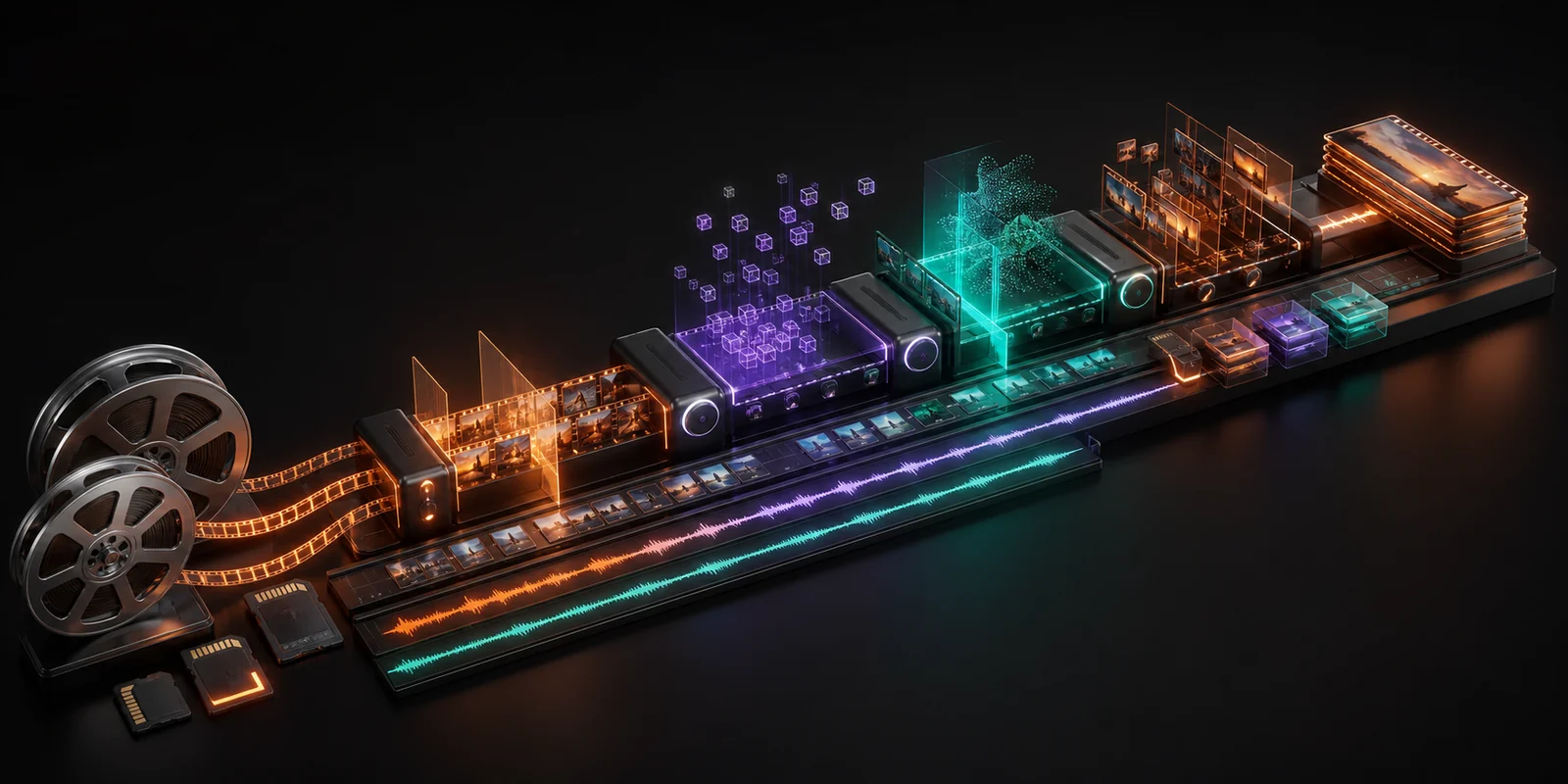 Ilustração 3D de rolos de filme alimentando uma timeline com etapas de processamento e organização de takes